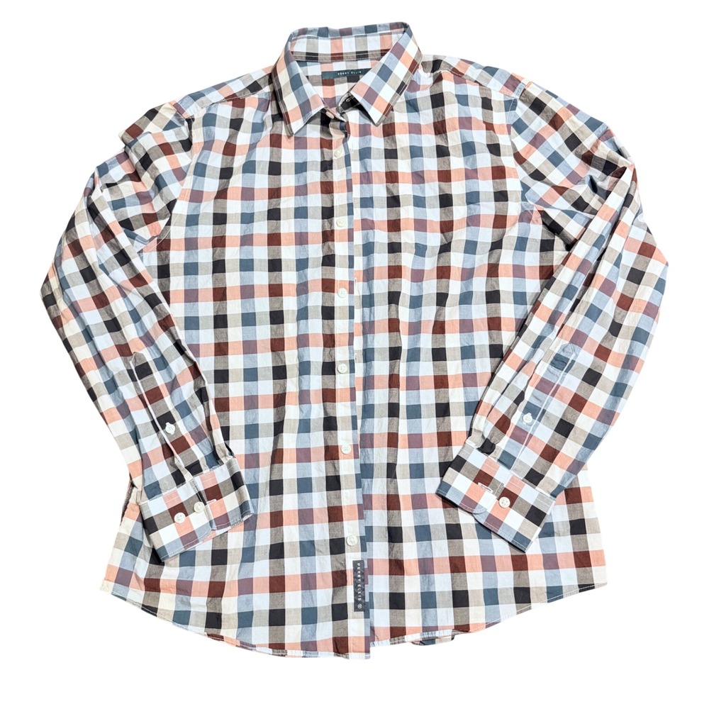 Perry‎ Ellis Mens Large Gingham Checkered Button Down Shirt Long Sleeve